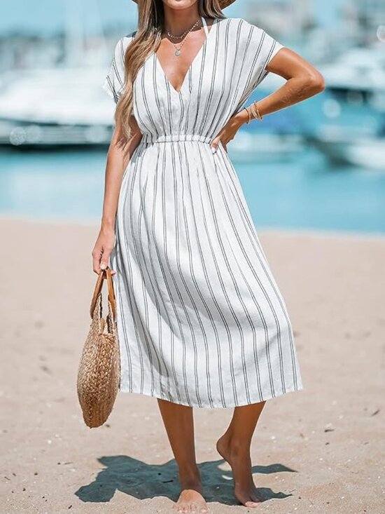 CUPSHE Women Beach Cover Up V Neck Short Sleeve Striped Midi Swimsuit Dress L - Picture 4 of 4